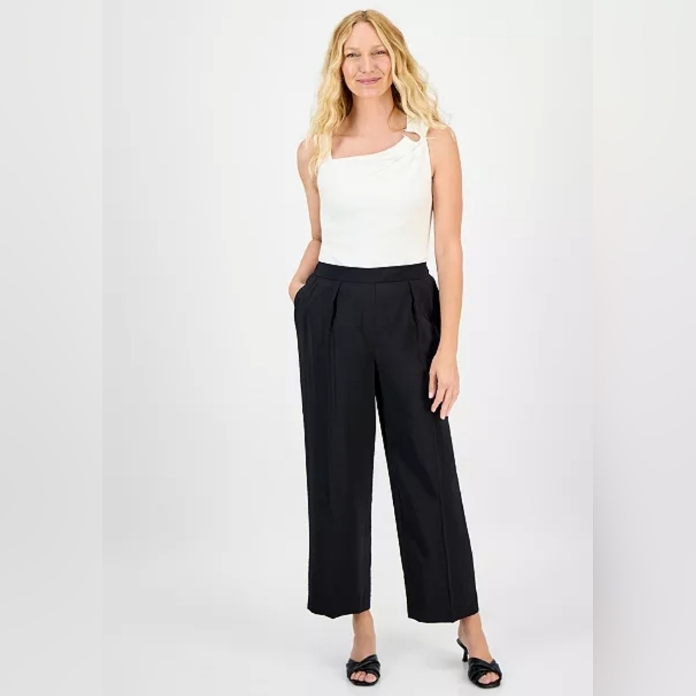 Ann Klein Black Pleaded Wide Leg Highwaist Pull On Ankle Pants, Size M - Picture 2 of 16